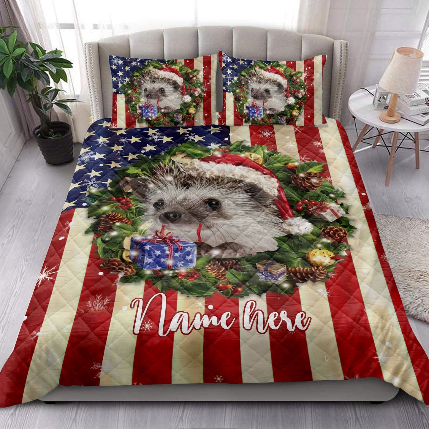 Personalized Hedgehog Quilt Set, Hedgehog Wearingmas Hat Wreath Quilt Blanket With Pillowcases, Custom Name Quilt Bedding Set, Christmas Gift