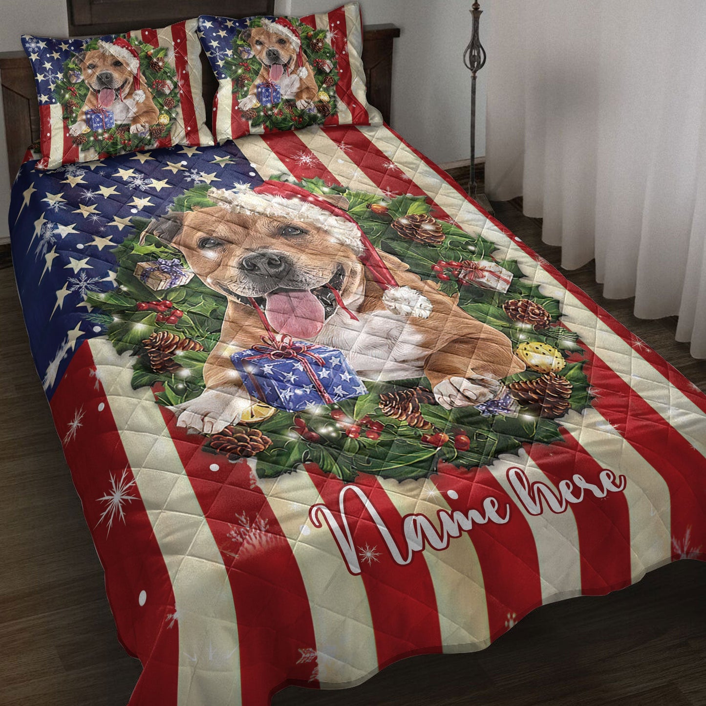 Personalized Pitbull Quilt Set, Pitbull Wearingmas Hat Wreath Quilt Blanket With Pillowcases, Custom Name Quilt Bedding Set, Christmas Gift