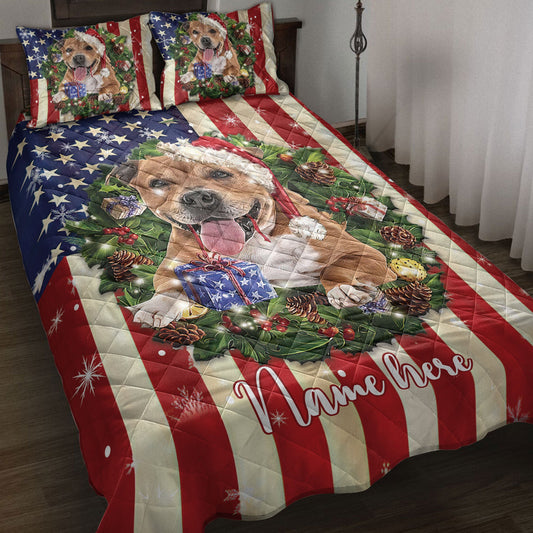 Personalized Pitbull Quilt Set, Pitbull Wearingmas Hat Wreath Quilt Blanket With Pillowcases, Custom Name Quilt Bedding Set, Christmas Gift