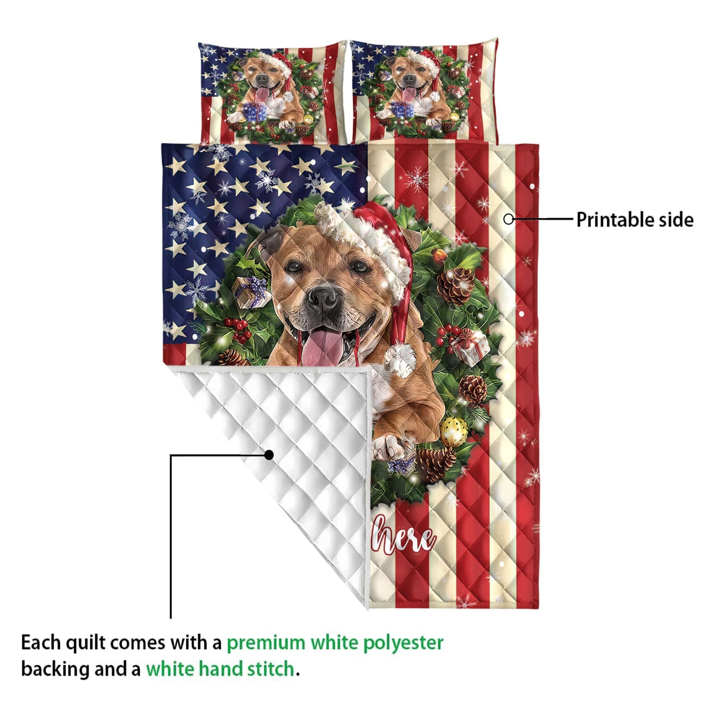 Personalized Pitbull Quilt Set, Pitbull Wearingmas Hat Wreath Quilt Blanket With Pillowcases, Custom Name Quilt Bedding Set, Christmas Gift