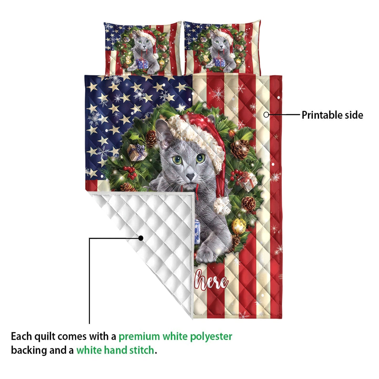 Personalized Russian Blue Quilt Set, R Ussian Cat Wearingmas Hat Wreath Quilt Blanket With Pillowcases, Custom Name Quilt Bedding Set, Christmas Gift