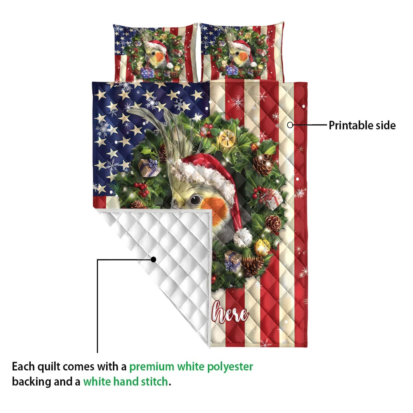Personalized Cockatiel Quilt Set, Cockatiel Wearingmas Hat Wreath Quilt Blanket With Pillowcases, Custom Name Quilt Bedding Set, Christmas Gift