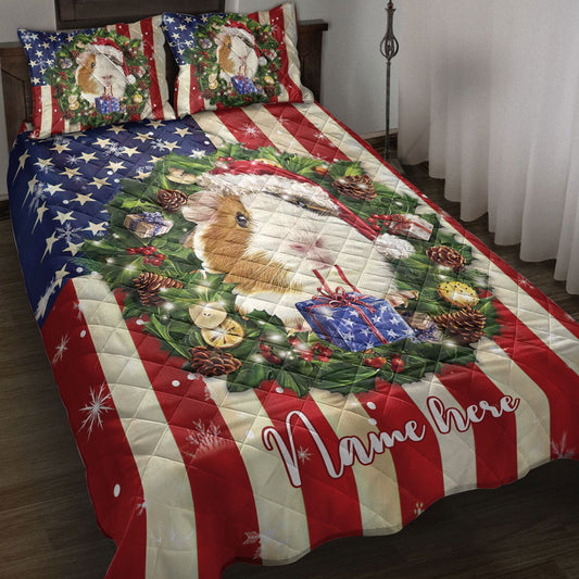 Personalized Guinea Pig Quilt Set, Guinea Pig Wearingmas Hat Wreath Quilt Blanket With Pillowcases, Custom Name Quilt Bedding Set, Christmas Gift