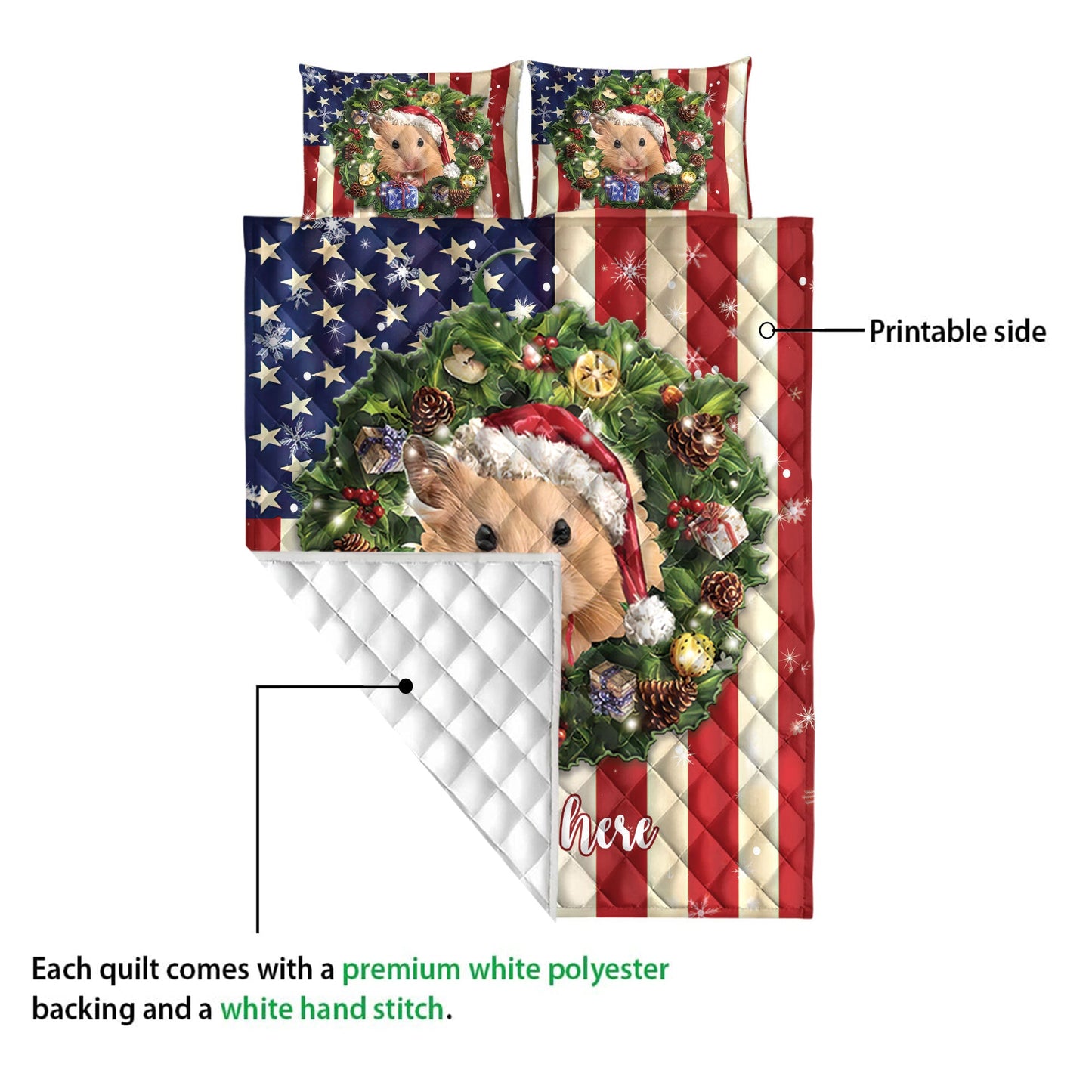 Personalized Hamster Quilt Set, Hamster Wearingmas Hat Wreath Quilt Blanket With Pillowcases, Custom Name Quilt Bedding Set, Christmas Gift