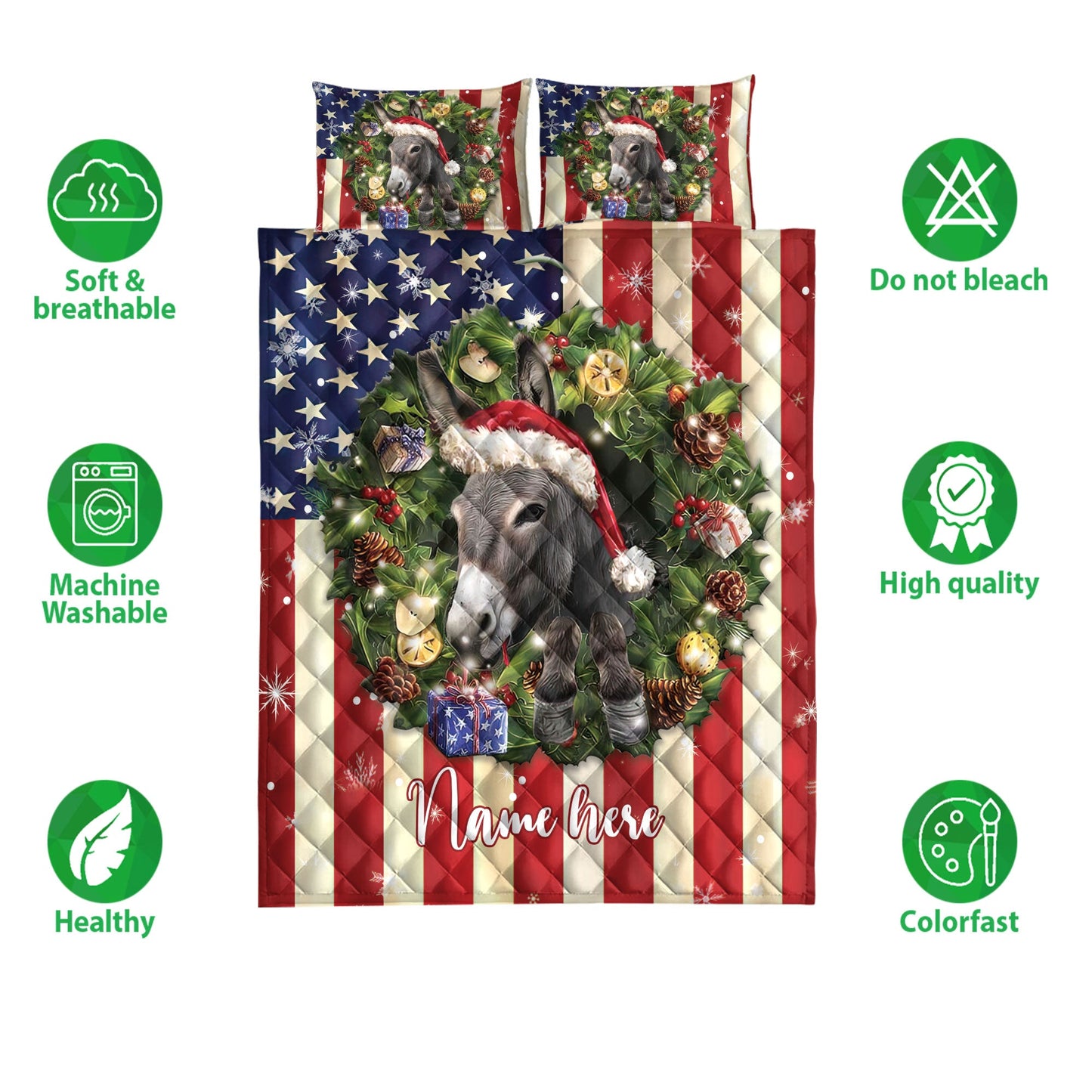 Personalized Donkey Quilt Set, Donkey Wearingmas Hat Wreath Quilt Blanket With Pillowcases, Custom Name Quilt Bedding Set, Christmas Gift