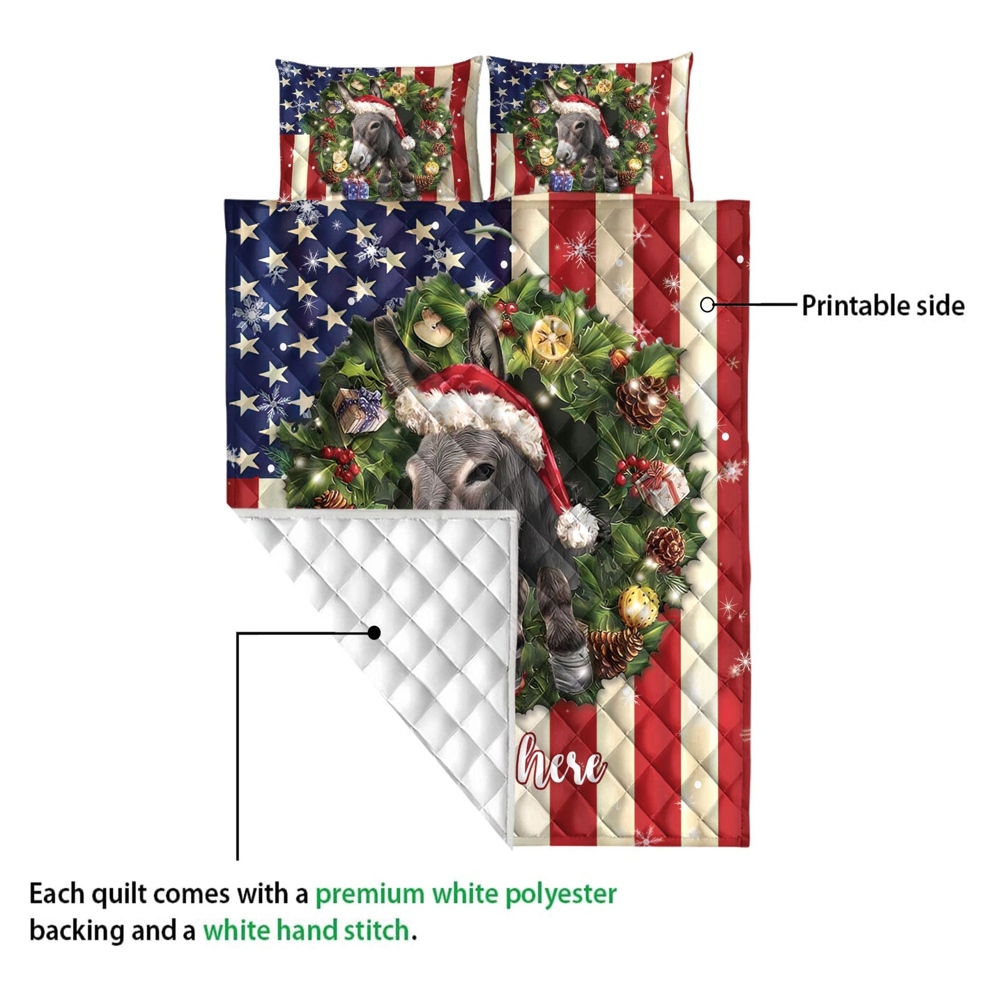 Personalized Donkey Quilt Set, Donkey Wearingmas Hat Wreath Quilt Blanket With Pillowcases, Custom Name Quilt Bedding Set, Christmas Gift