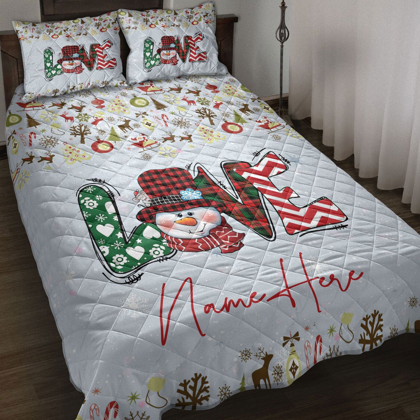 Christmas Quilt Set, Merrymas Love Snowman Snowflake Quilt Blanket With Pillowcases, Quilt Bedding Set, Christmas Gift