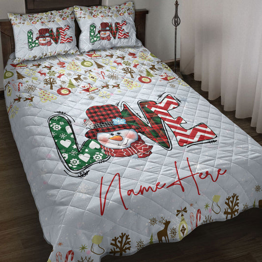 Christmas Quilt Set, Merrymas Love Snowman Snowflake Quilt Blanket With Pillowcases, Quilt Bedding Set, Christmas Gift