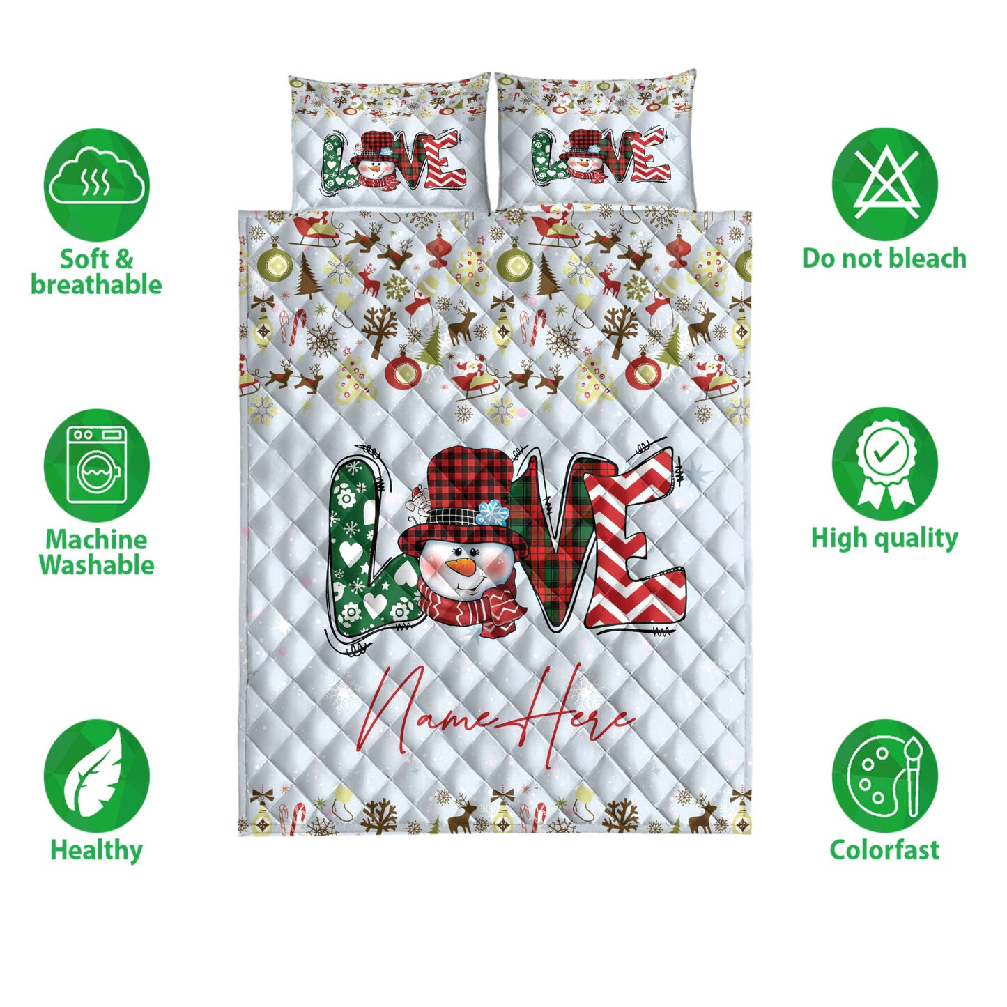 Christmas Quilt Set, Merrymas Love Snowman Snowflake Quilt Blanket With Pillowcases, Quilt Bedding Set, Christmas Gift
