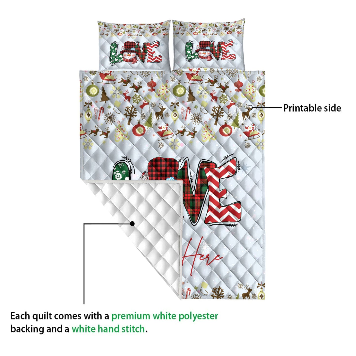 Christmas Quilt Set, Merrymas Love Snowman Snowflake Quilt Blanket With Pillowcases, Quilt Bedding Set, Christmas Gift