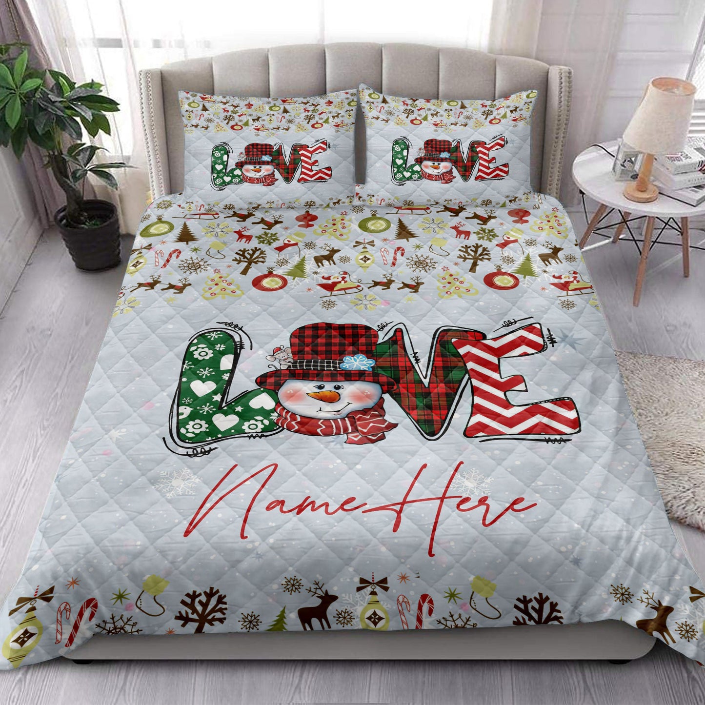 Christmas Quilt Set, Merrymas Love Snowman Snowflake Quilt Blanket With Pillowcases, Quilt Bedding Set, Christmas Gift