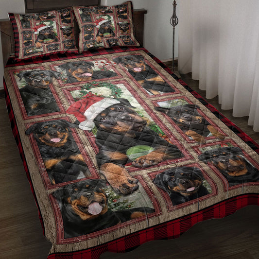 Rottweiler Quilt Set, Rottweilermas With Santa Hat Patchwork Window Red Quilt Blanket With Pillowcases, Quilt Bedding Set, Christmas Gift