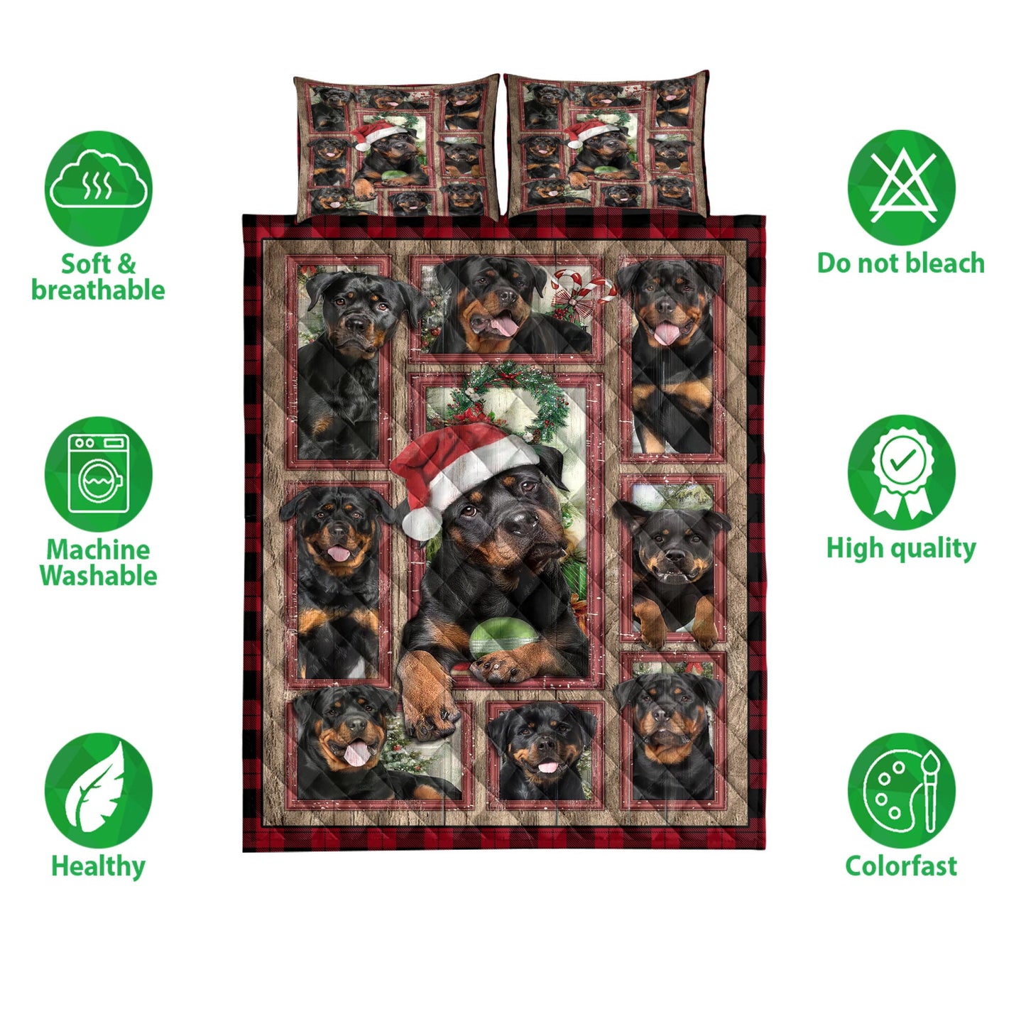 Rottweiler Quilt Set, Rottweilermas With Santa Hat Patchwork Window Red Quilt Blanket With Pillowcases, Quilt Bedding Set, Christmas Gift