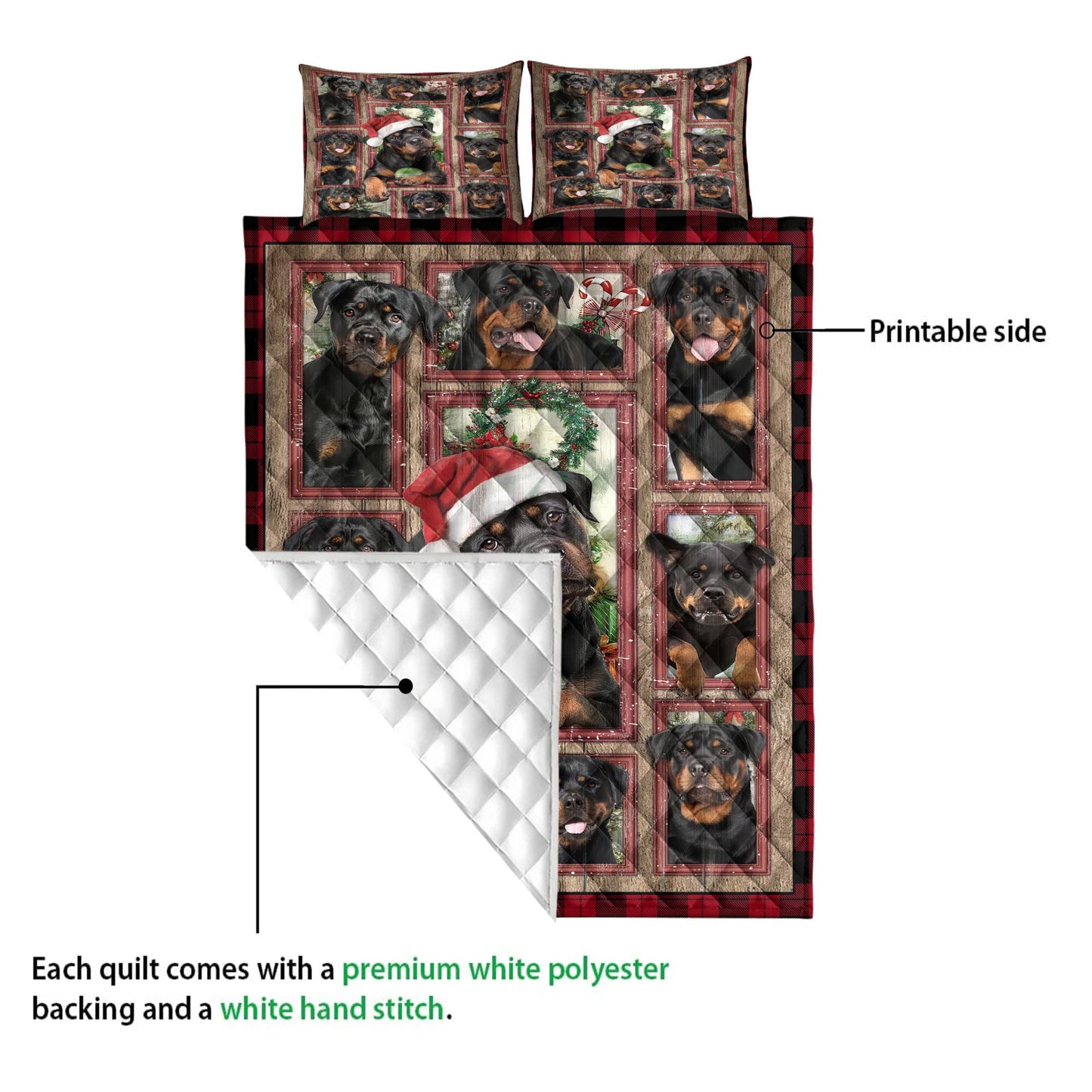 Rottweiler Quilt Set, Rottweilermas With Santa Hat Patchwork Window Red Quilt Blanket With Pillowcases, Quilt Bedding Set, Christmas Gift