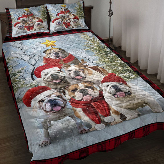 English Bulldog Quilt Set, English Bulldogmas Tree With Santa Hat Snowflake Red Quilt Blanket With Pillowcases, Quilt Bedding Set, Christmas Gift