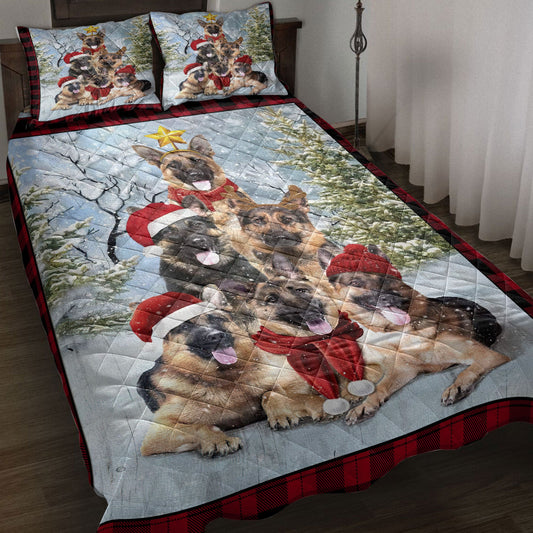 German Shepherd Quilt Set, German Shepherdmas Tree With Santa Hat Snowflake Red Quilt Blanket With Pillowcases, Quilt Bedding Set, Christmas Gift