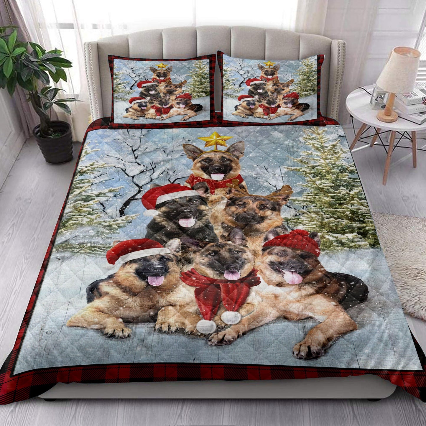 German Shepherd Quilt Set, German Shepherdmas Tree With Santa Hat Snowflake Red Quilt Blanket With Pillowcases, Quilt Bedding Set, Christmas Gift