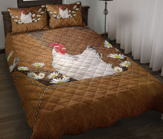 Chicken Quilt Set, Chicken With Daisy Flower Quilt Blanket With Pillowcases, Quilt Bedding Set