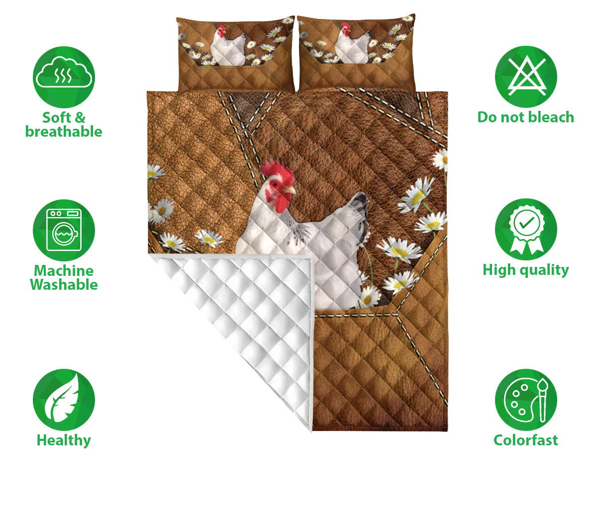 Chicken Quilt Set, Chicken With Daisy Flower Quilt Blanket With Pillowcases, Quilt Bedding Set