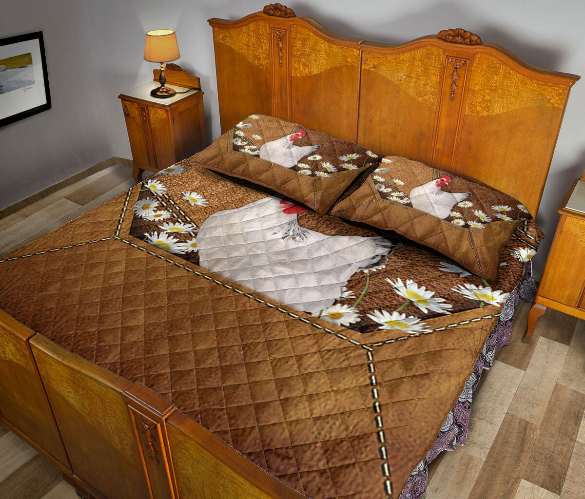 Chicken Quilt Set, Chicken With Daisy Flower Quilt Blanket With Pillowcases, Quilt Bedding Set