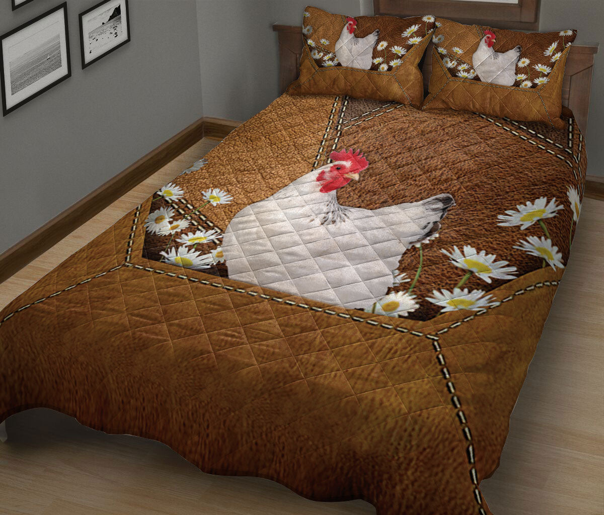 Chicken Quilt Set, Chicken With Daisy Flower Quilt Blanket With Pillowcases, Quilt Bedding Set