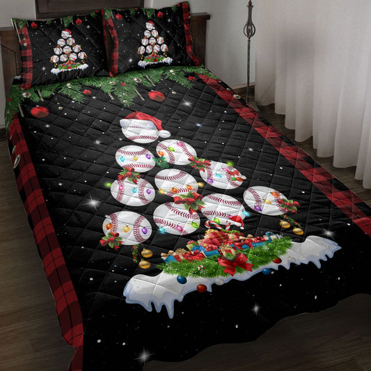 Baseball Quilt Set, Baseballmas Tree Snowflake Box Red Buffalo Plaid Quilt Blanket With Pillowcases, Quilt Bedding Set, Christmas Gift, Sports Gifts