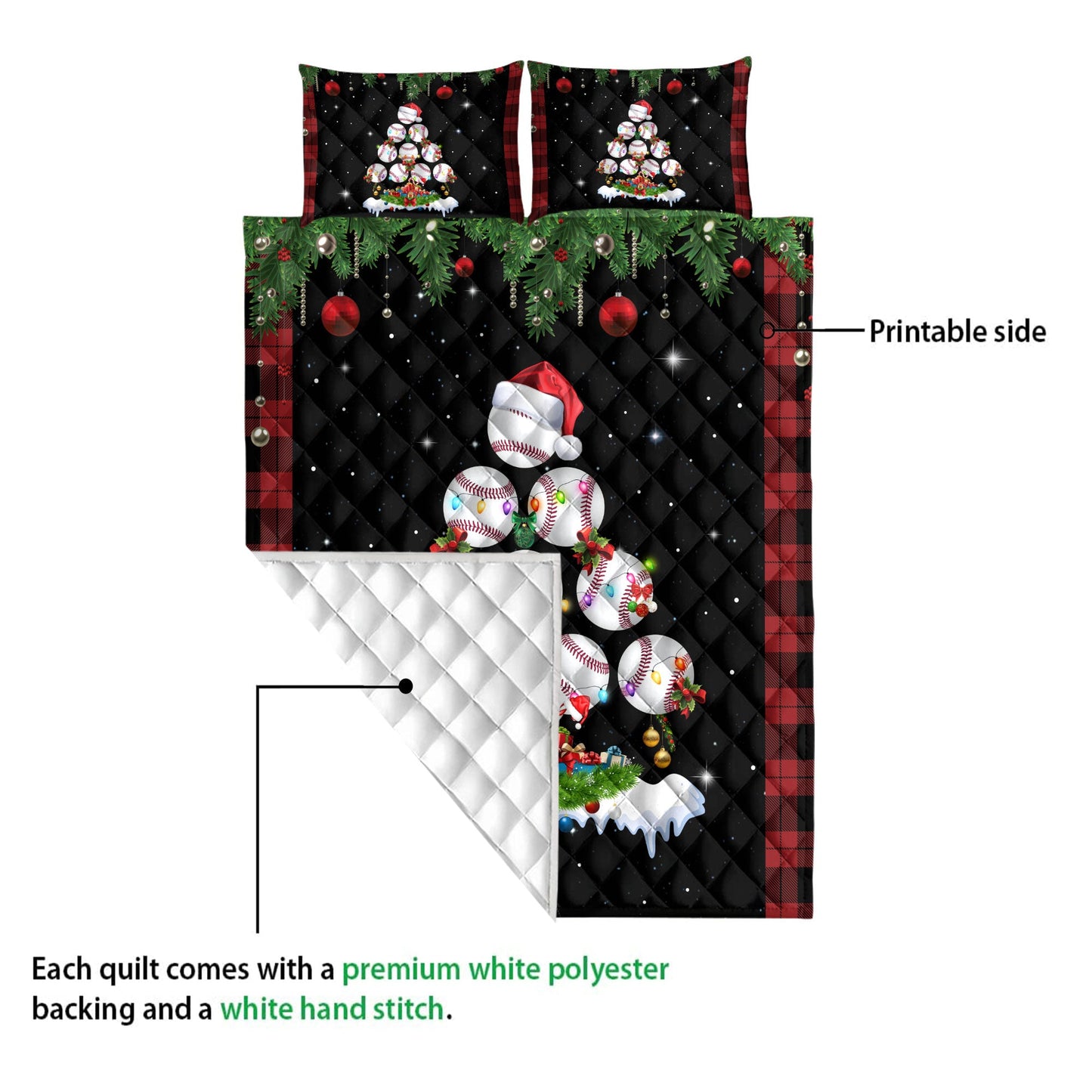 Baseball Quilt Set, Baseballmas Tree Snowflake Box Red Buffalo Plaid Quilt Blanket With Pillowcases, Quilt Bedding Set, Christmas Gift, Sports Gifts