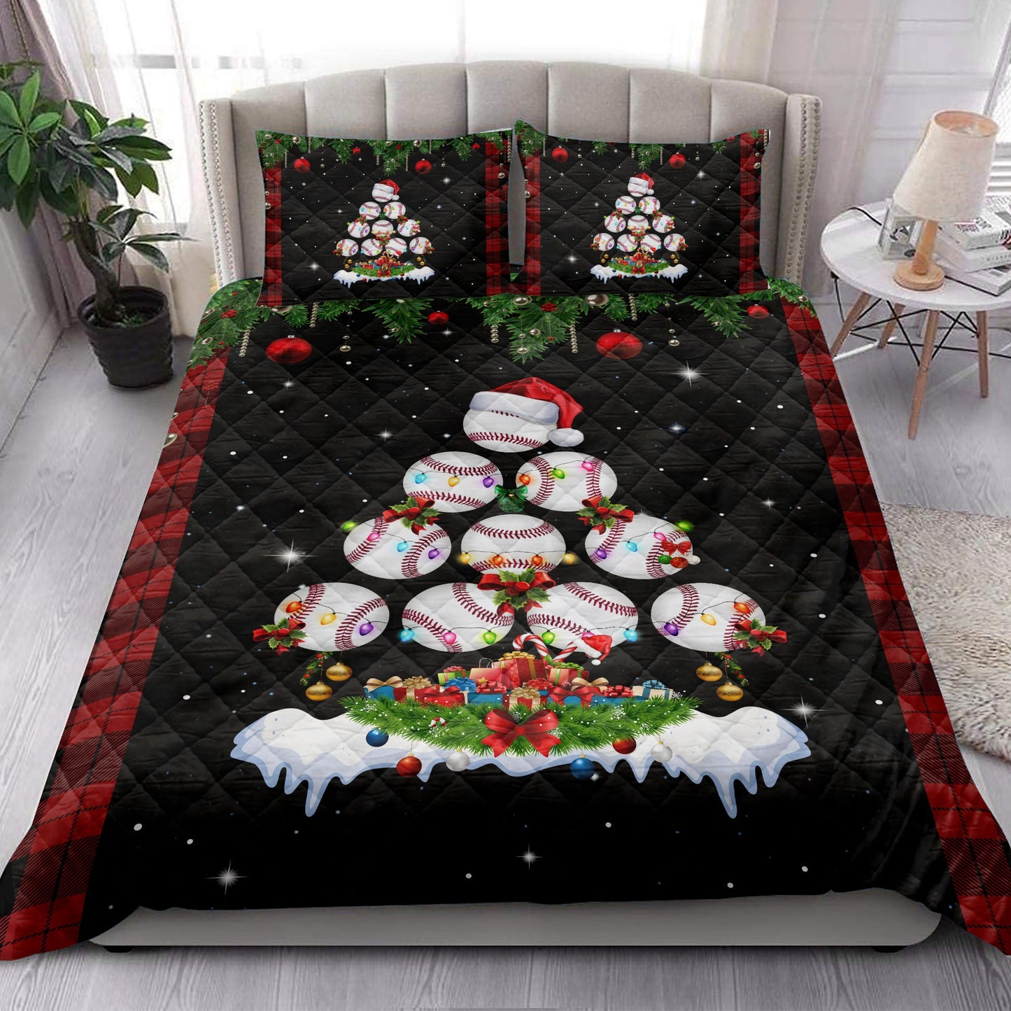 Baseball Quilt Set, Baseballmas Tree Snowflake Box Red Buffalo Plaid Quilt Blanket With Pillowcases, Quilt Bedding Set, Christmas Gift, Sports Gifts