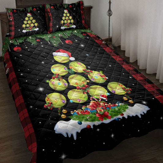 Softball Quilt Set, Softballmas Tree Snowflake Box Red Buffalo Plaids Quilt Blanket With Pillowcases, Quilt Bedding Set, Christmas Gift