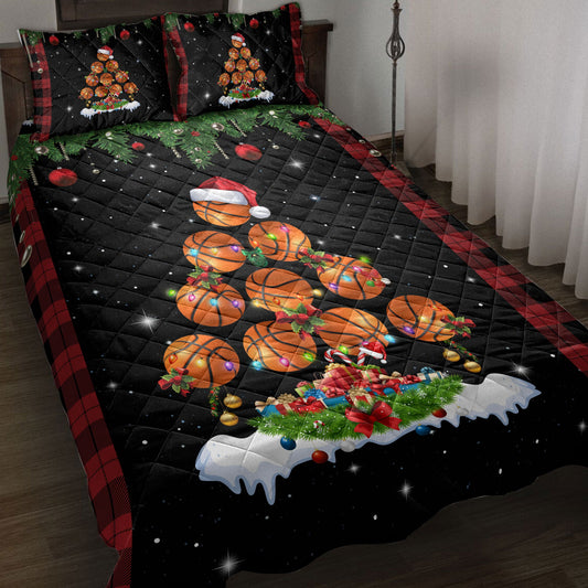 Basketball Quilt Set, Basketballmas Tree Snowflake Box Red Buffalo Plaids Quilt Blanket With Pillowcases, Quilt Bedding Set, Christmas Gift
