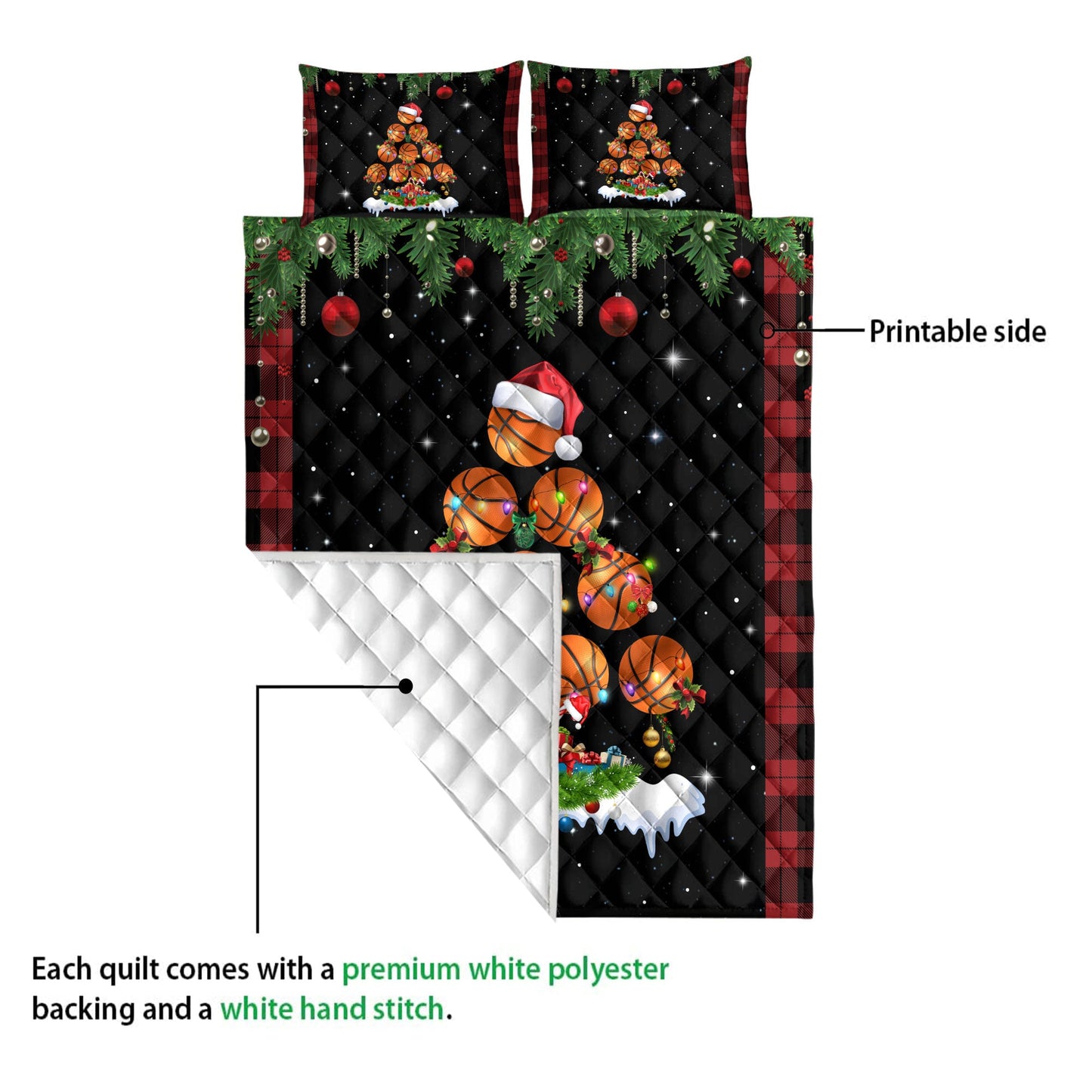 Basketball Quilt Set, Basketballmas Tree Snowflake Box Red Buffalo Plaids Quilt Blanket With Pillowcases, Quilt Bedding Set, Christmas Gift
