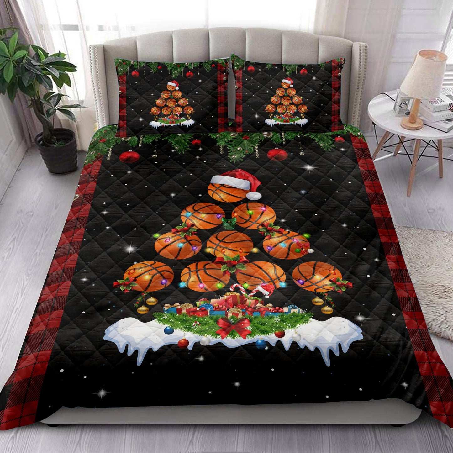 Basketball Quilt Set, Basketballmas Tree Snowflake Box Red Buffalo Plaids Quilt Blanket With Pillowcases, Quilt Bedding Set, Christmas Gift
