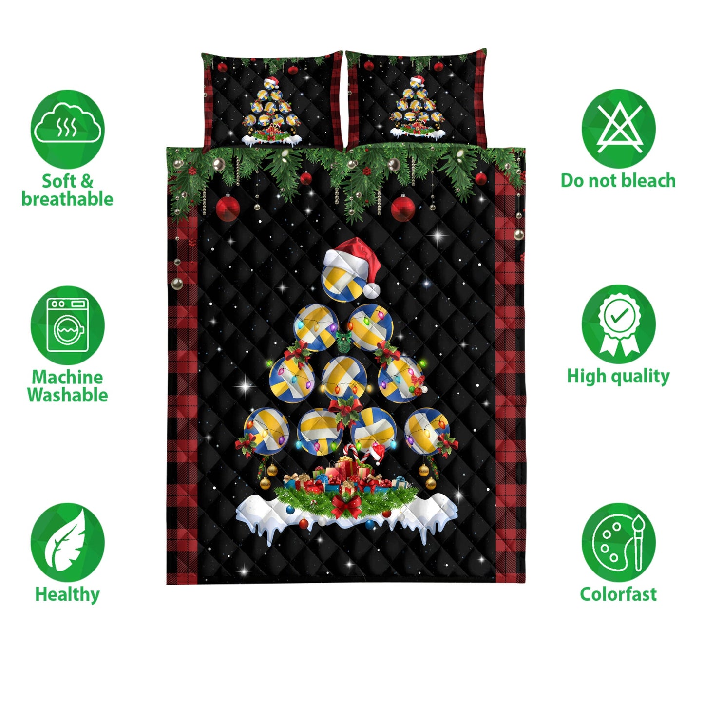 Volleyball Quilt Set, Volleyballmas Tree Snowflake Box Red Buffalo Plaids Quilt Blanket With Pillowcases, Quilt Bedding Set, Christmas Gift
