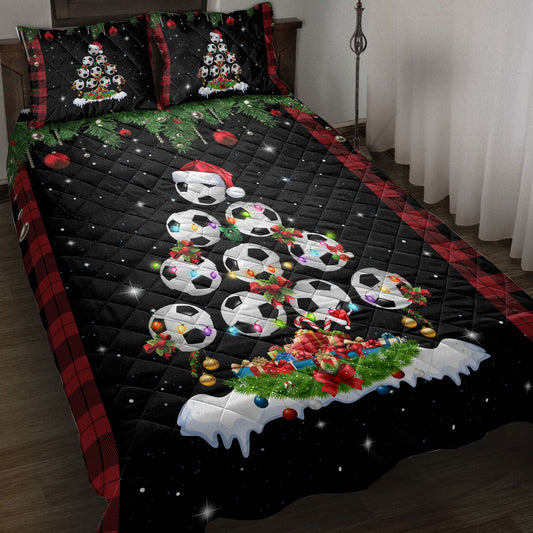 Soccer Quilt Set, Soccermas Tree Snowflake Box Red Buffalo Plaids Quilt Blanket With Pillowcases, Quilt Bedding Set, Christmas Gift