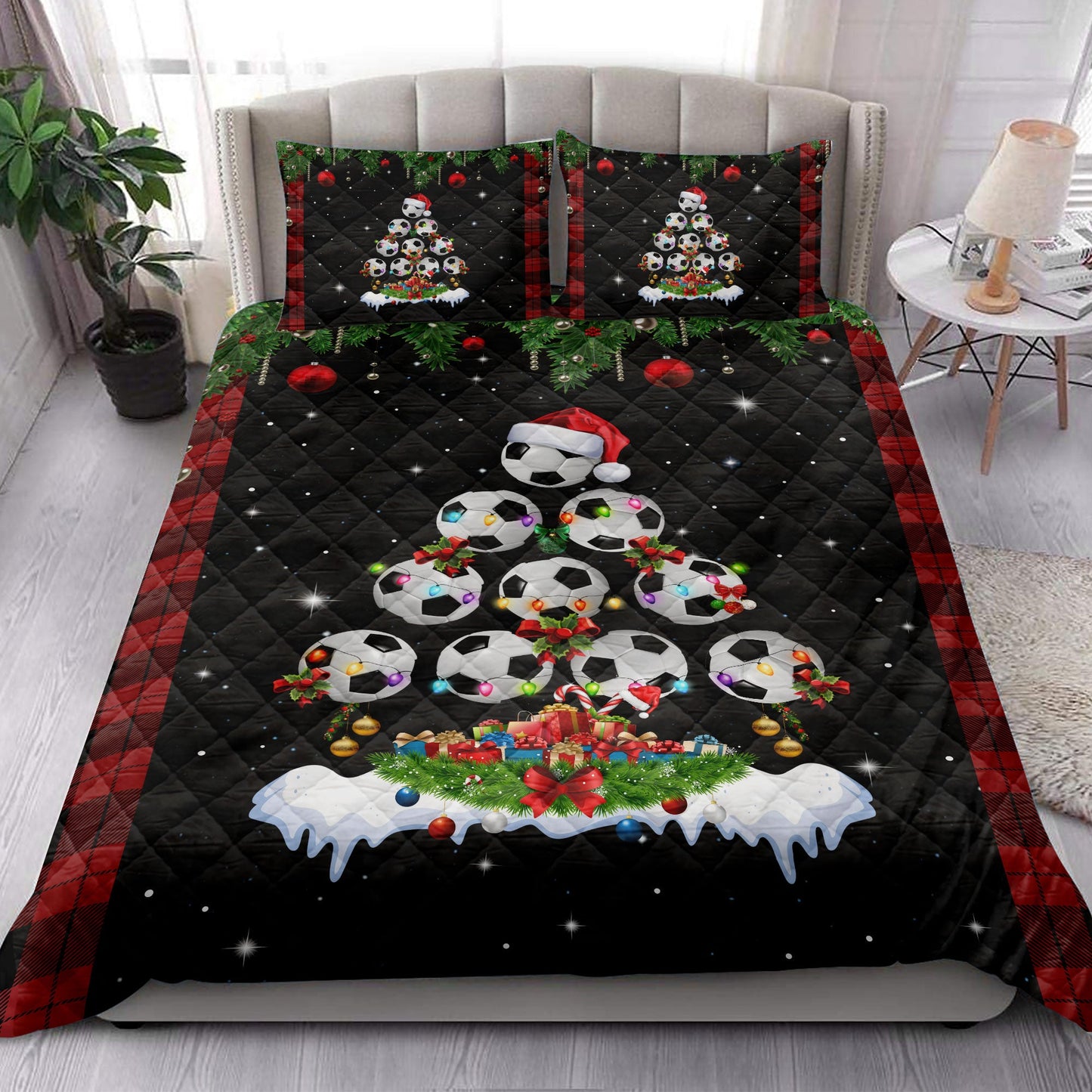 Soccer Quilt Set, Soccermas Tree Snowflake Box Red Buffalo Plaids Quilt Blanket With Pillowcases, Quilt Bedding Set, Christmas Gift