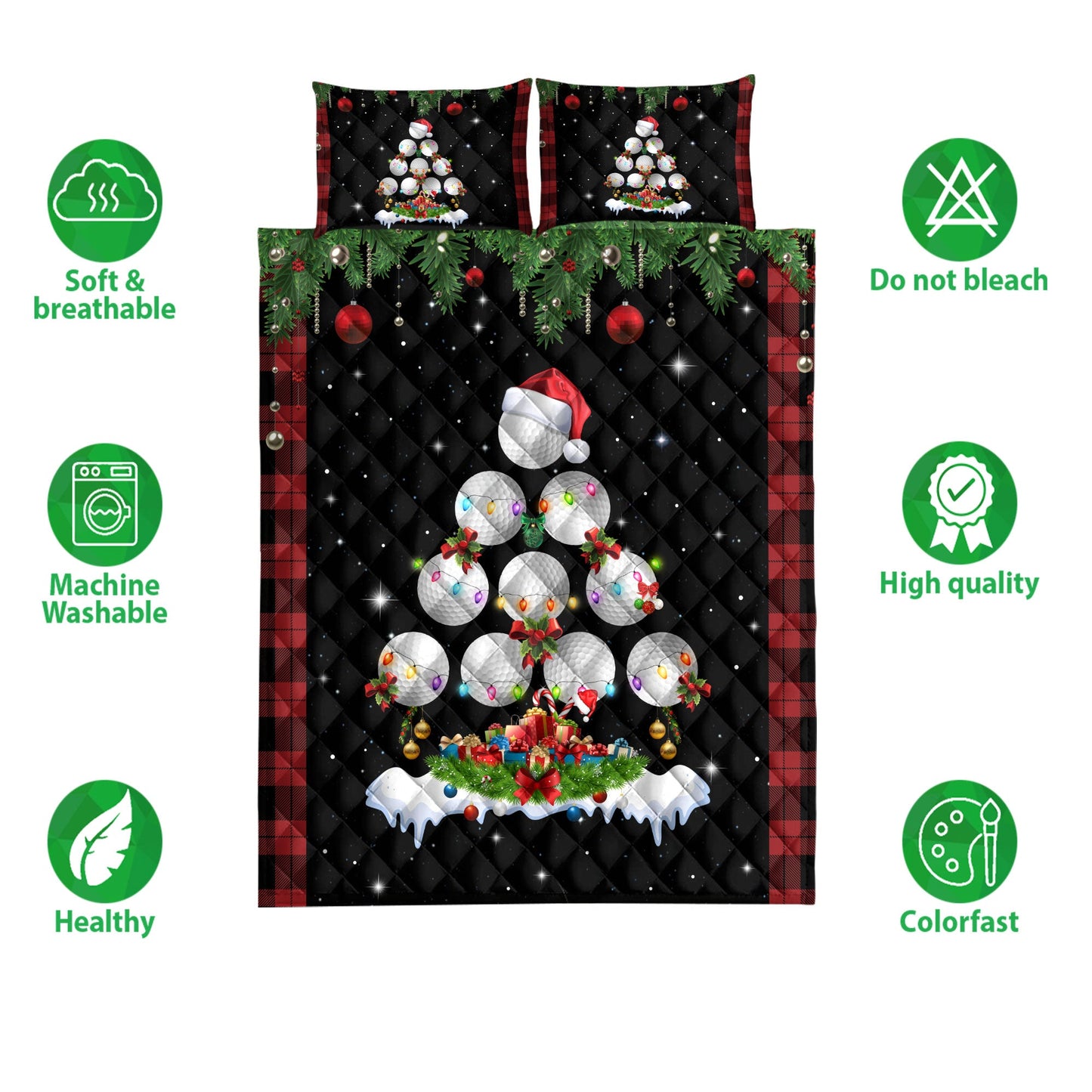 Golf Quilt Set, Golfmas Tree Snowflake Box Red Buffalo Plaid Quilt Blanket With Pillowcases, Quilt Bedding Set, Christmas Gift