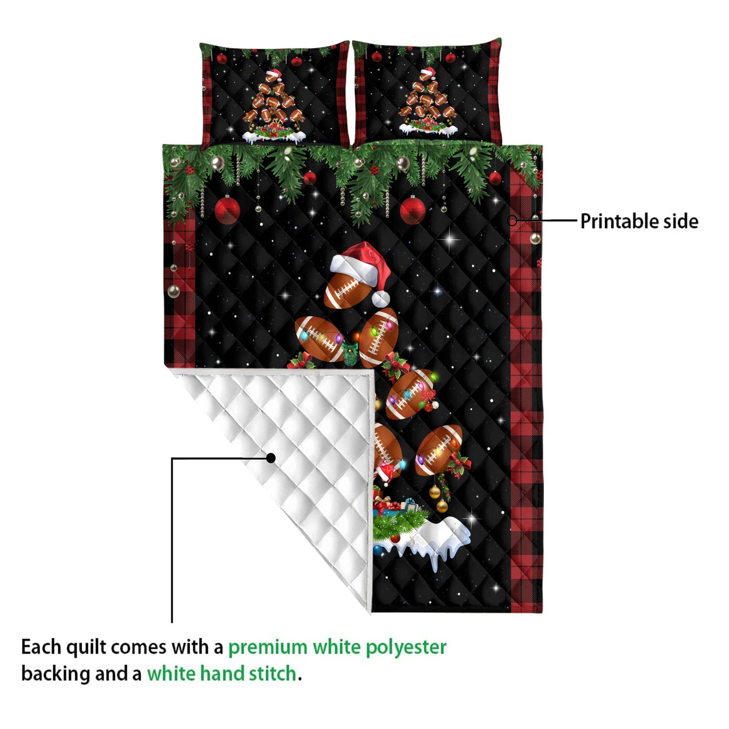Football Quilt Set, Footballmas Tree Snowflake Box Red Buffalo Plaids Quilt Blanket With Pillowcases, Quilt Bedding Set, Christmas Gift