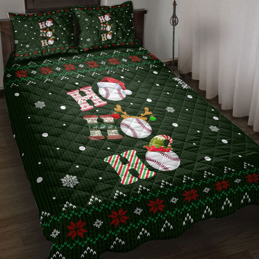 Baseball Quilt Set, Ho Ho Ho Baseball Santa Hatmas Snowflake Ugly Quilt Blanket With Pillowcases, Quilt Bedding Set, Christmas Gift, Sports Gifts