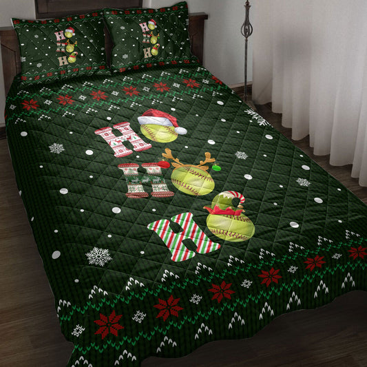 Softball Quilt Set, Ho Ho Ho Softball Santa Hatmas Snowflake Ugly Quilt Blanket With Pillowcases, Quilt Bedding Set, Christmas Gift
