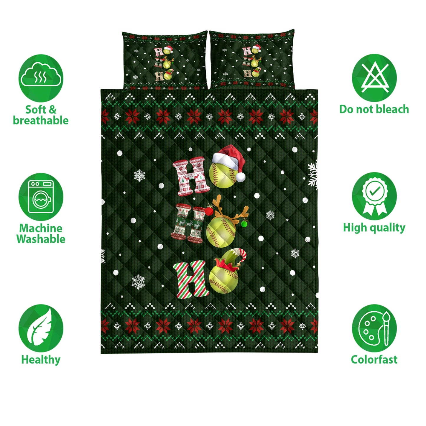 Softball Quilt Set, Ho Ho Ho Softball Santa Hatmas Snowflake Ugly Quilt Blanket With Pillowcases, Quilt Bedding Set, Christmas Gift