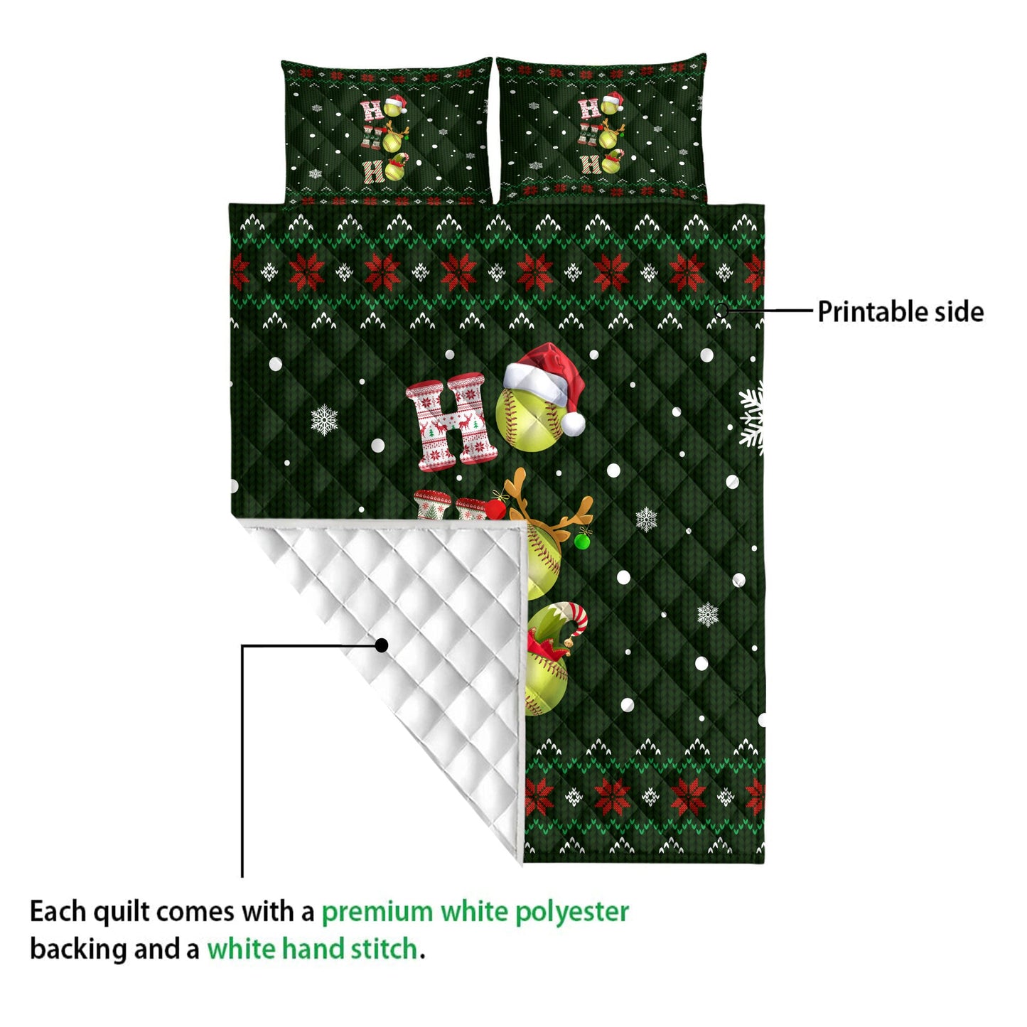 Softball Quilt Set, Ho Ho Ho Softball Santa Hatmas Snowflake Ugly Quilt Blanket With Pillowcases, Quilt Bedding Set, Christmas Gift