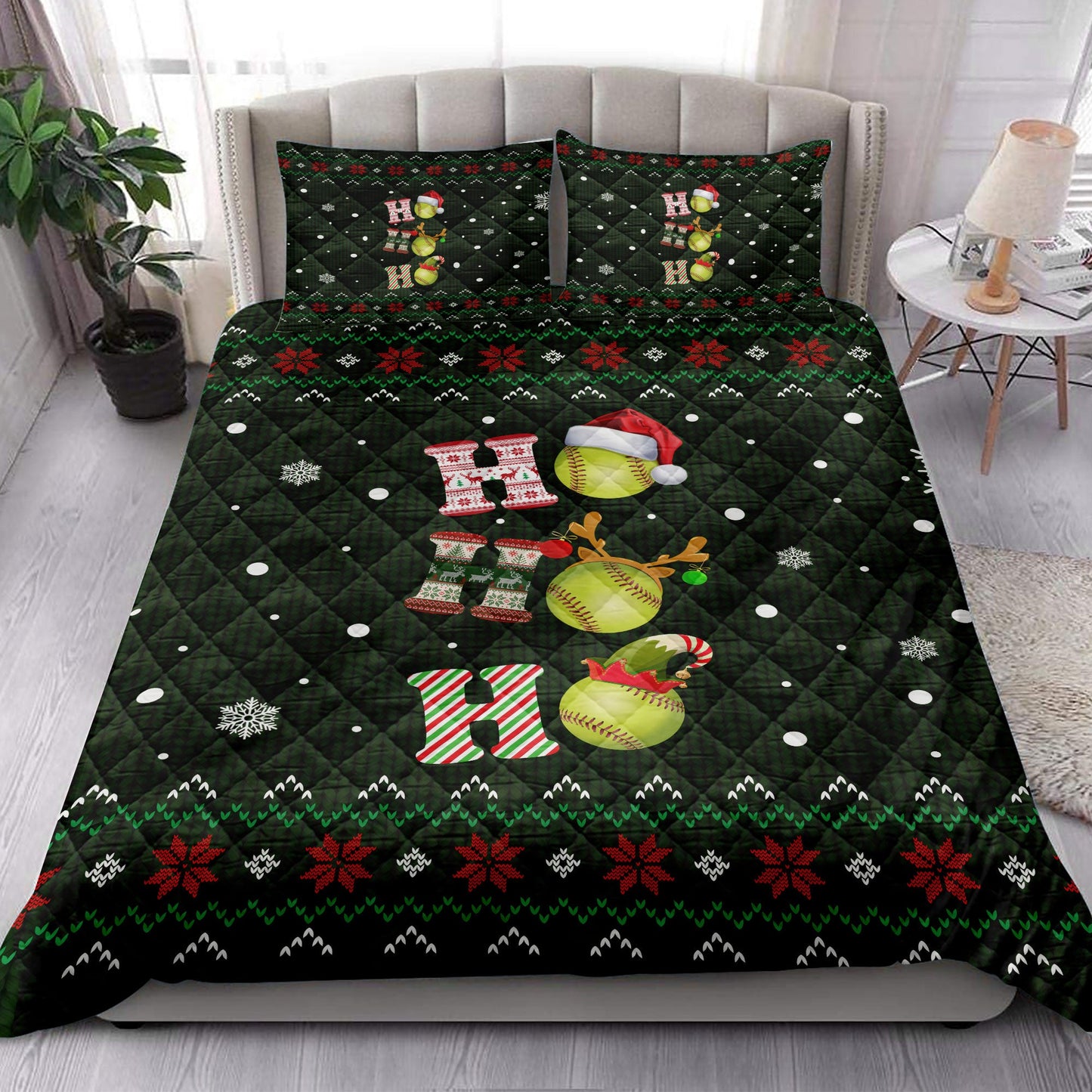 Softball Quilt Set, Ho Ho Ho Softball Santa Hatmas Snowflake Ugly Quilt Blanket With Pillowcases, Quilt Bedding Set, Christmas Gift