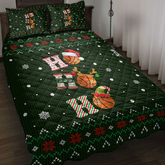 Basketball Quilt Set, Ho Ho Ho Basketball Santa Hatmas Snowflake Ugly Quilt Blanket With Pillowcases, Quilt Bedding Set, Christmas Gift