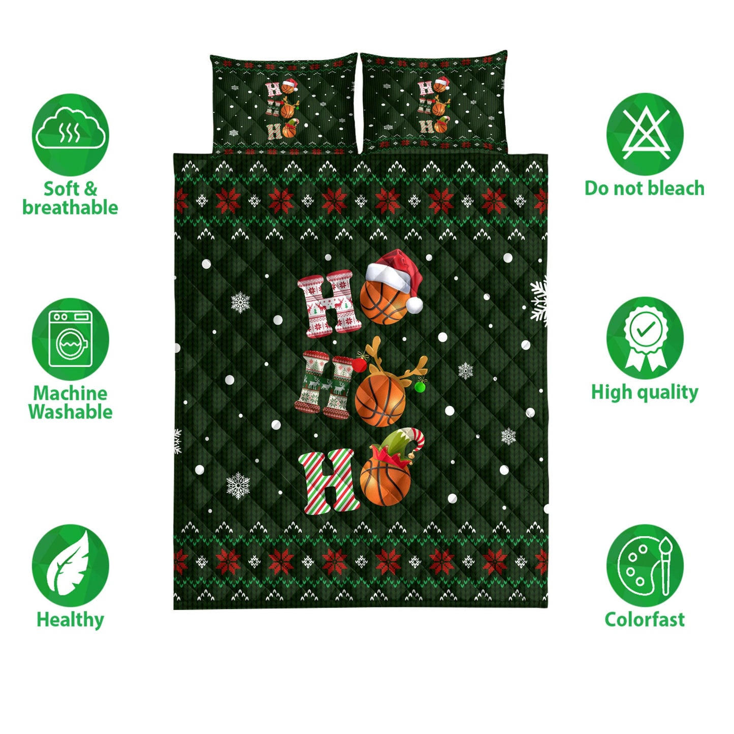 Basketball Quilt Set, Ho Ho Ho Basketball Santa Hatmas Snowflake Ugly Quilt Blanket With Pillowcases, Quilt Bedding Set, Christmas Gift