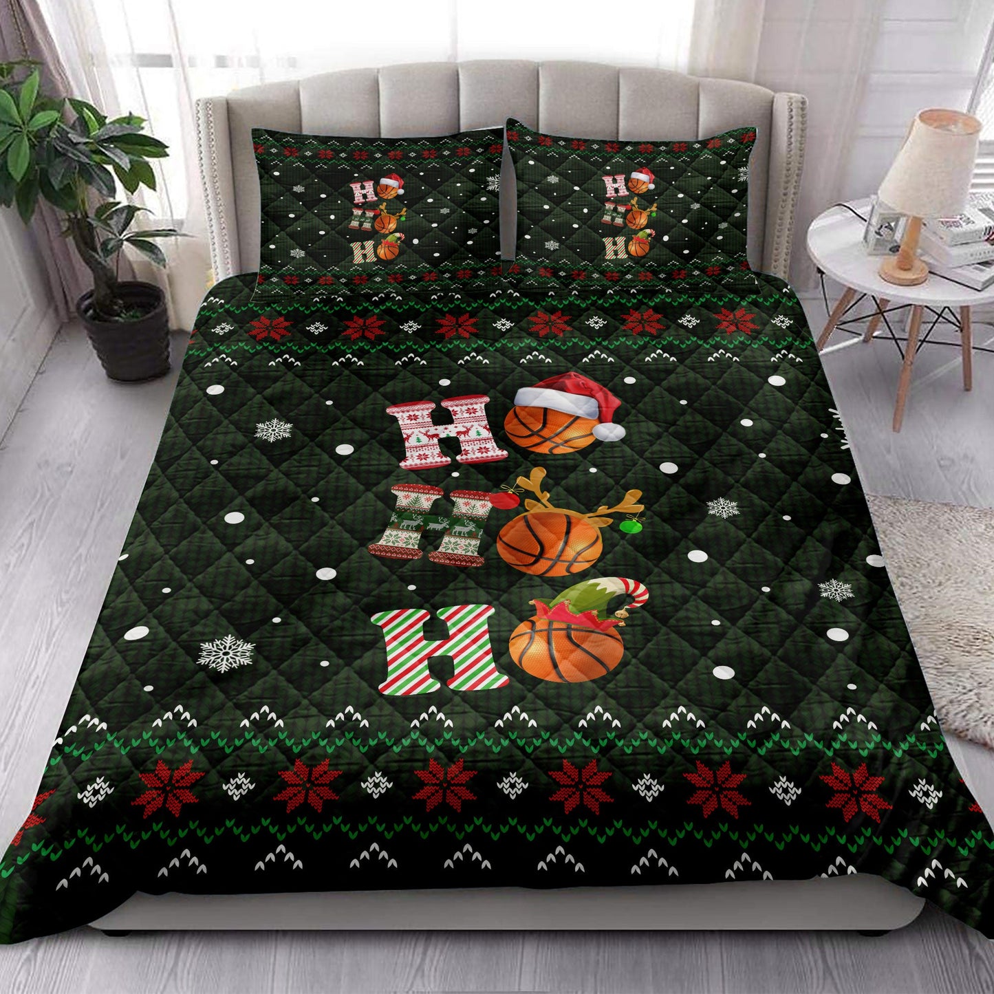 Basketball Quilt Set, Ho Ho Ho Basketball Santa Hatmas Snowflake Ugly Quilt Blanket With Pillowcases, Quilt Bedding Set, Christmas Gift