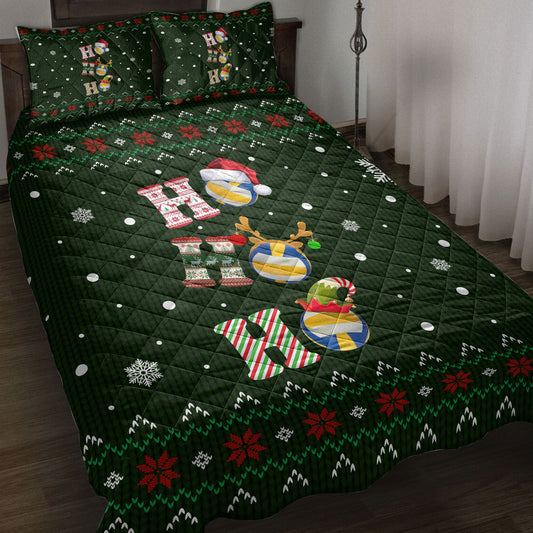 Volleyball Quilt Set, Ho Ho Ho Volleyball Santa Hatmas Snowflake Ugly Quilt Blanket With Pillowcases, Quilt Bedding Set, Christmas Gift