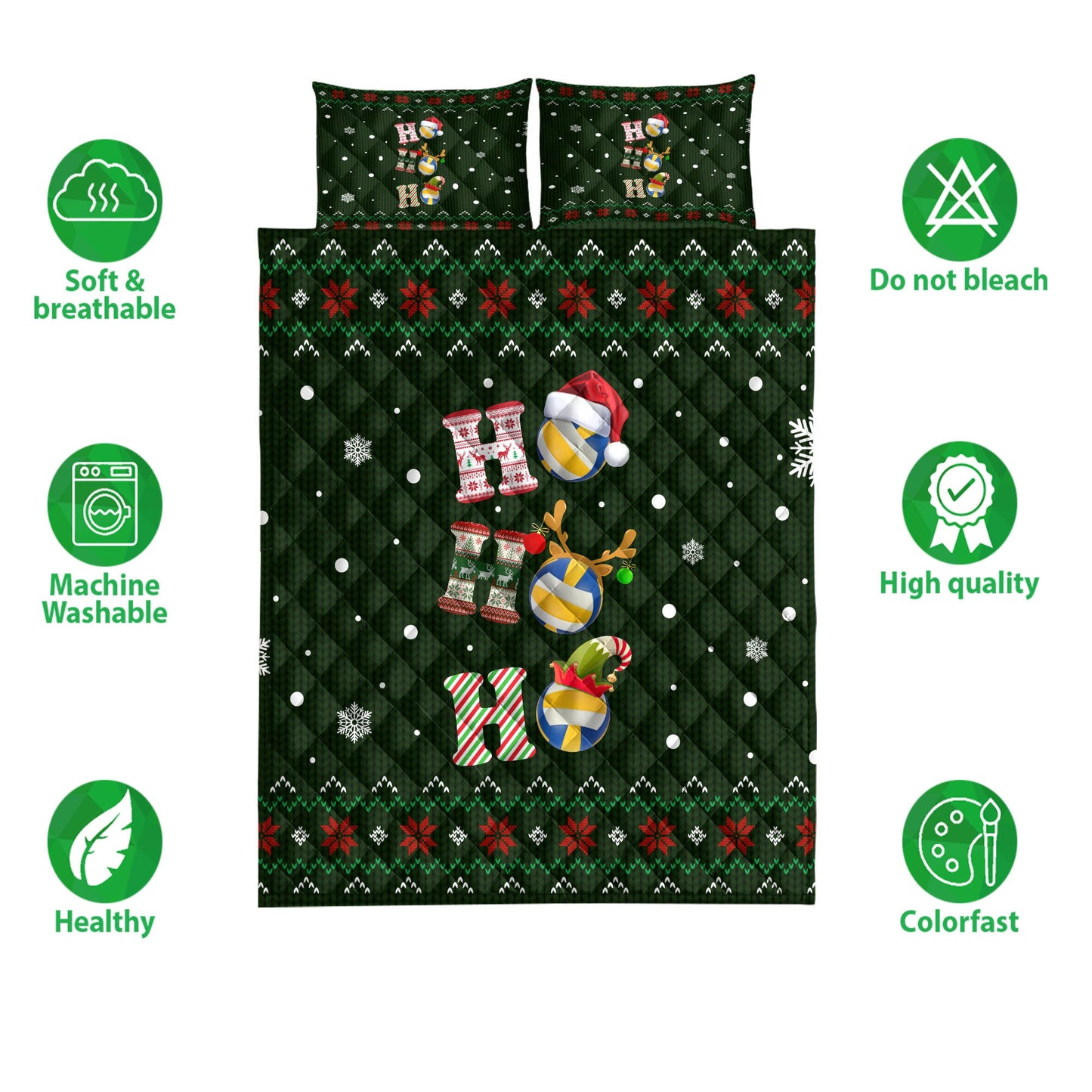 Volleyball Quilt Set, Ho Ho Ho Volleyball Santa Hatmas Snowflake Ugly Quilt Blanket With Pillowcases, Quilt Bedding Set, Christmas Gift