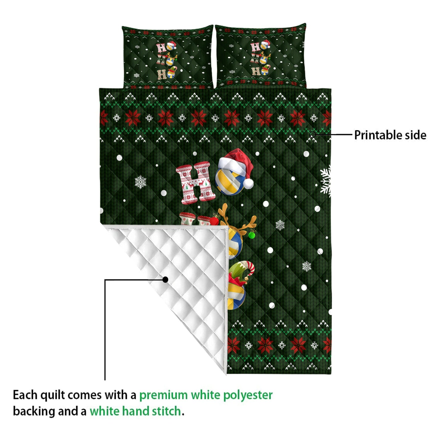 Volleyball Quilt Set, Ho Ho Ho Volleyball Santa Hatmas Snowflake Ugly Quilt Blanket With Pillowcases, Quilt Bedding Set, Christmas Gift