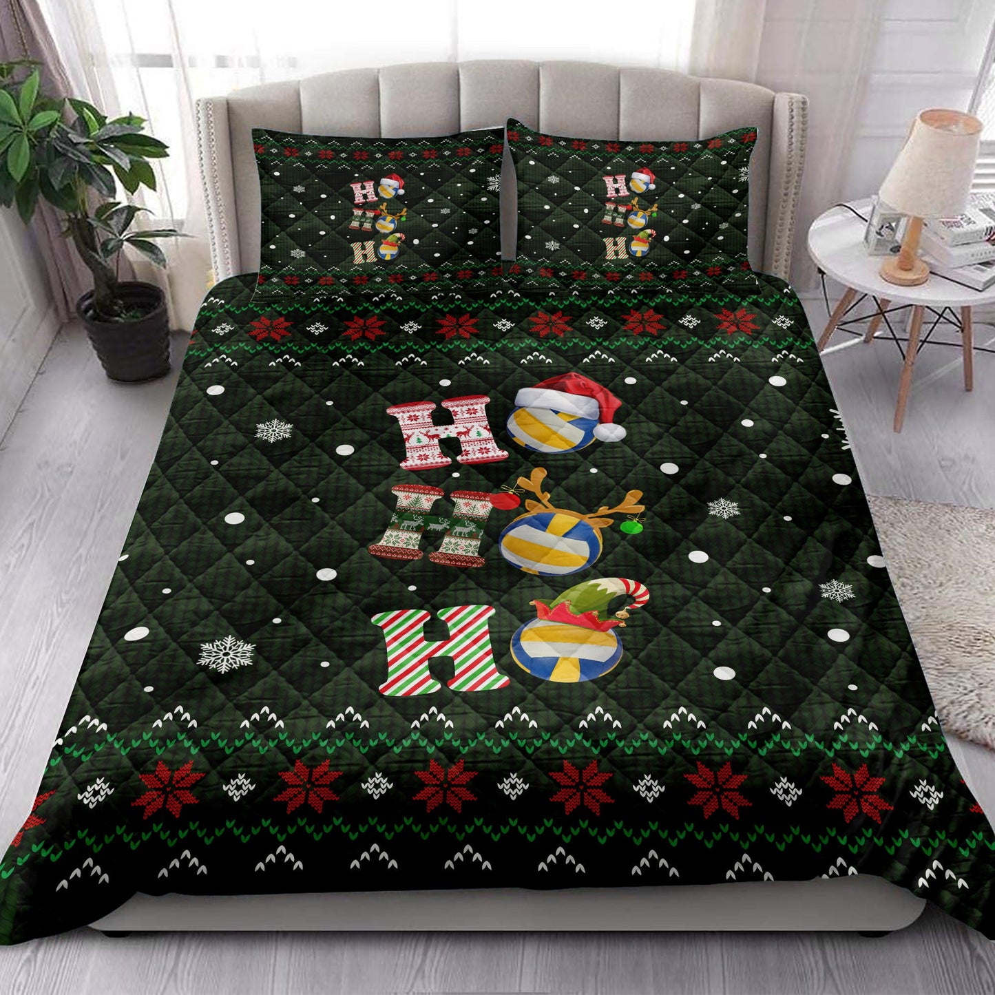 Volleyball Quilt Set, Ho Ho Ho Volleyball Santa Hatmas Snowflake Ugly Quilt Blanket With Pillowcases, Quilt Bedding Set, Christmas Gift
