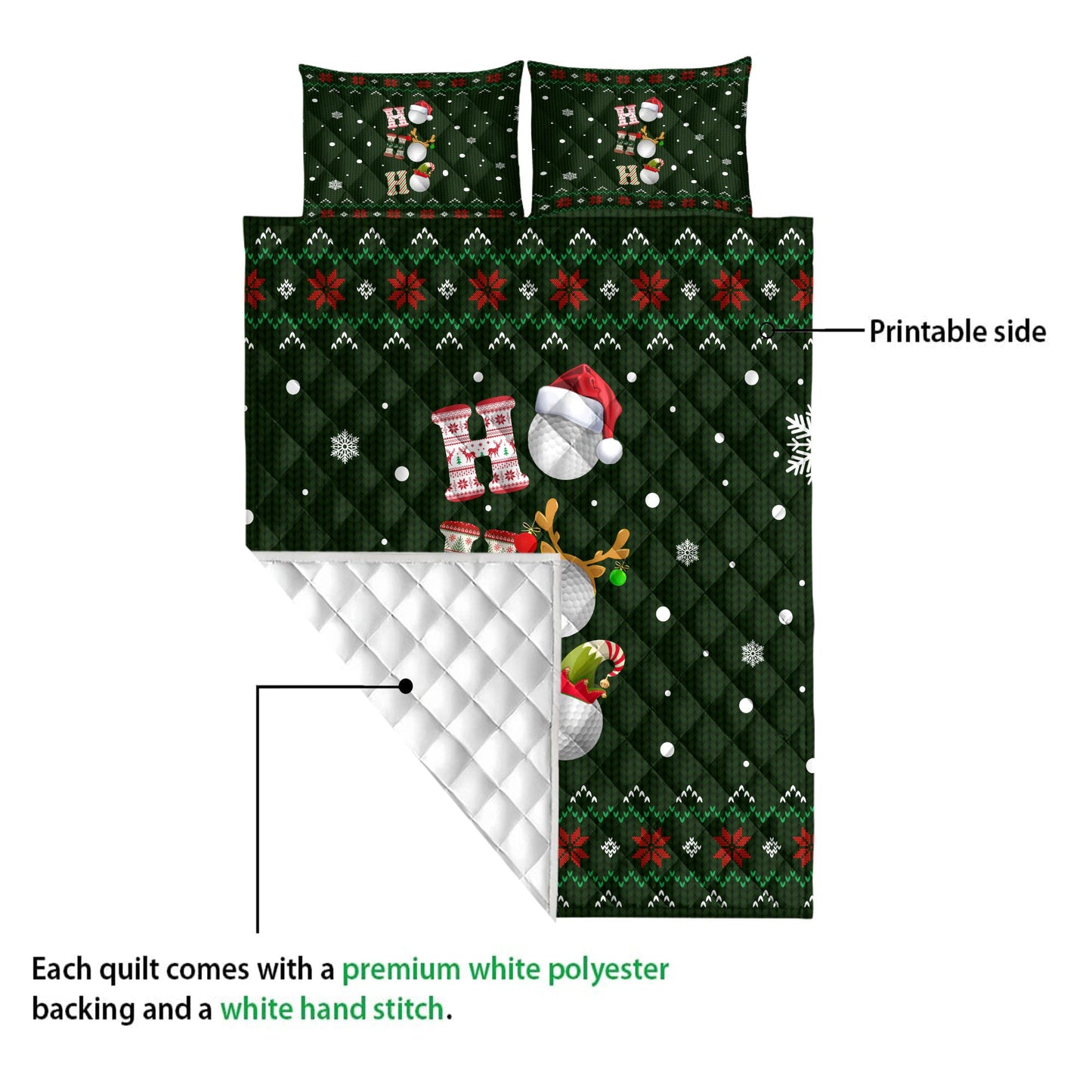 Golf Quilt Set, Ho Ho Ho Golf Santa Hatmas Snowflake Ugly Quilt Blanket With Pillowcases, Quilt Bedding Set, Christmas Gift